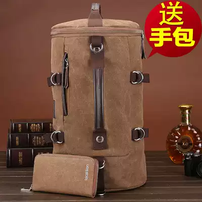 Cylindrical canvas Korean backpack large capacity shoulder schoolbag men's multifunctional backpack travel bucket luggage bag
