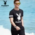 Playboy mùa hè mới của nam giới xu hướng Hàn Quốc mỏng hai mảnh nam ngắn tay áo đan thể thao giản dị thiết lập Bộ đồ