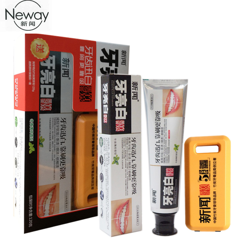 新闻牙亮 竹炭牙膏促销装黄牙黑牙烟牙冬青薄荷香型送旅游餐具
