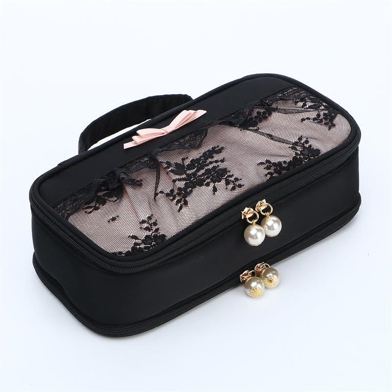 New Black Lace Rectangular Hand Handle Large Makeup Bag Double-layered Large Capacity Storage Bag Travel Jewelry Bag Multi-purpose