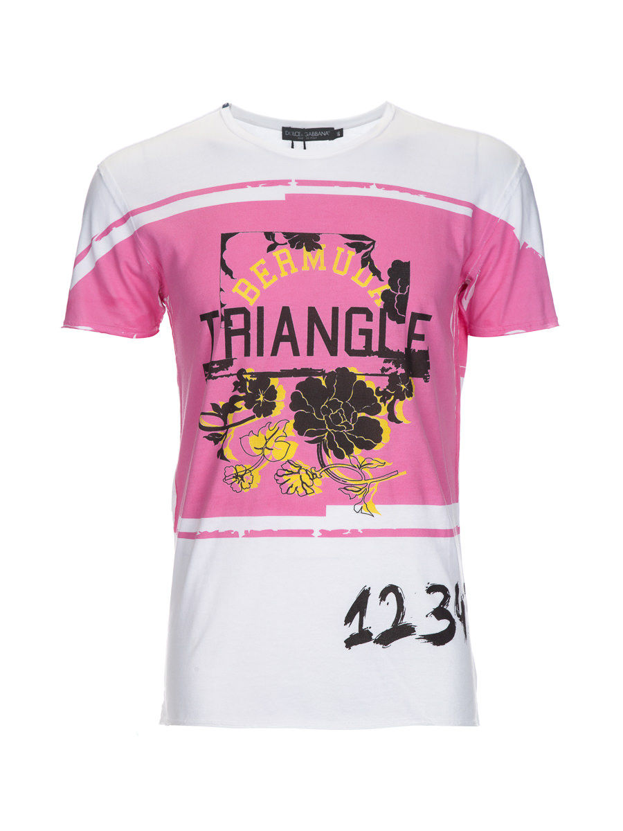 Dolce&Gabbana 白色拼粉色印花字母圆领T恤