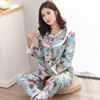 Đồ ngủ cotton nữ mùa xuân và mùa thu dài tay cotton vải nhà dịch vụ cardigan phiên bản Hàn Quốc của mùa hè cỡ lớn mỏng dệt vải cotton đồ bộ mặc nhà bằng vải thun