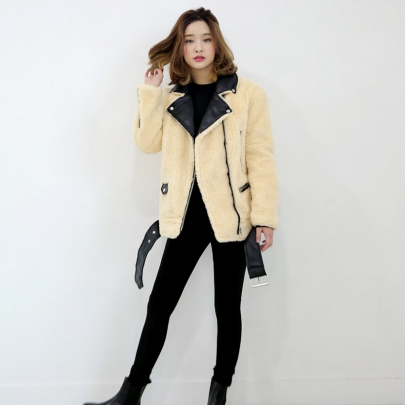 韩国stylenanda官方正品 暖和羊毛纯色骑士夹克-米色