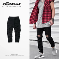 High Street Dark Dark Hole Jeans Jeans Kích thước lớn Quần dài đến đầu gối Quần đen Slim Jeans BIKER Quần phong cách thể thao nam