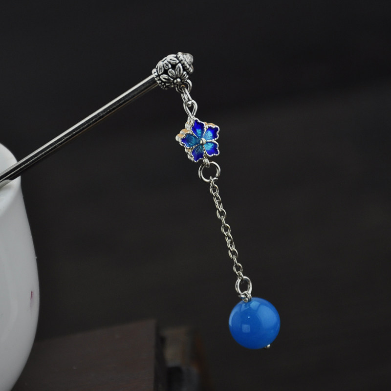 Retro Jingtai Blue jade medullary flow Suclassical steps with long hair and hairpins Female national wind Chinese wind original handmade hair accessories