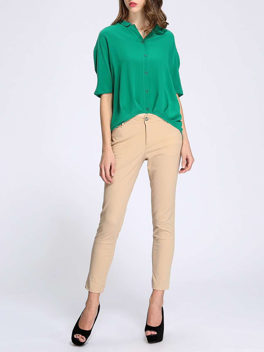 THEOPHILE 绿色五分袖高低摆真丝衬衫