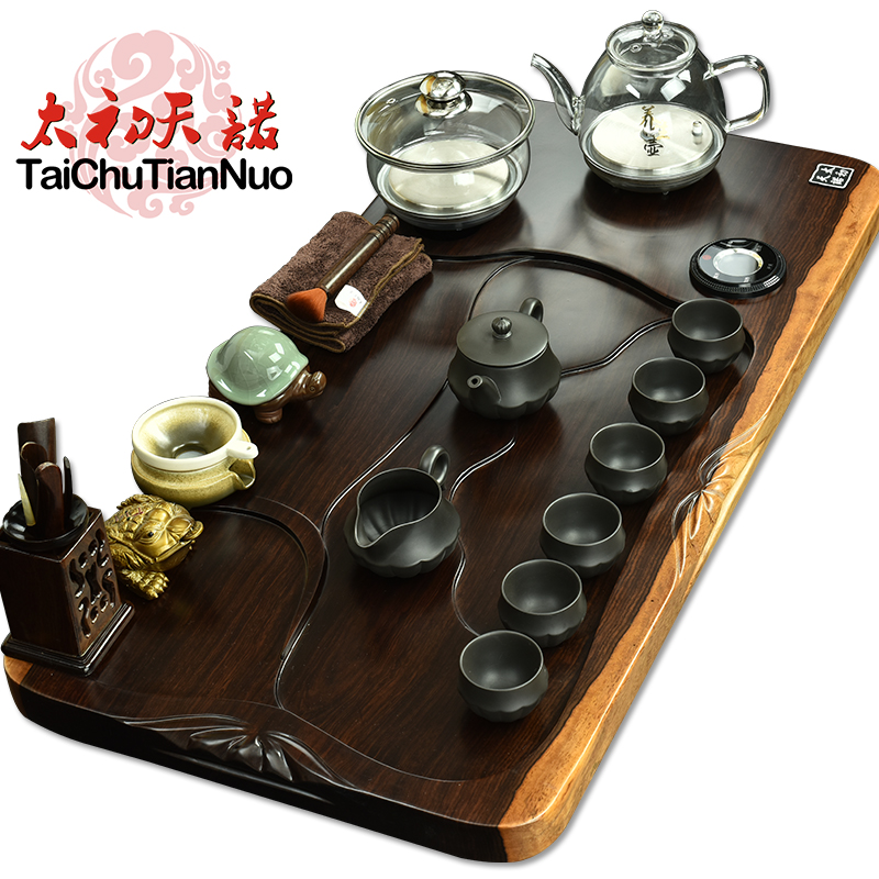 The beginning day, kung fu tea set solid wood tea tray tea automatic pumping glass pot of automatic tea service of tea table