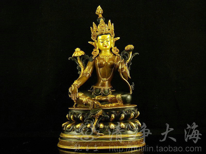 Nepal Buddha Statue Pure Copper Gilt Painted Double Lotus Terrace Green Tara Doro Bodhisattva 1 2 feet 35cm