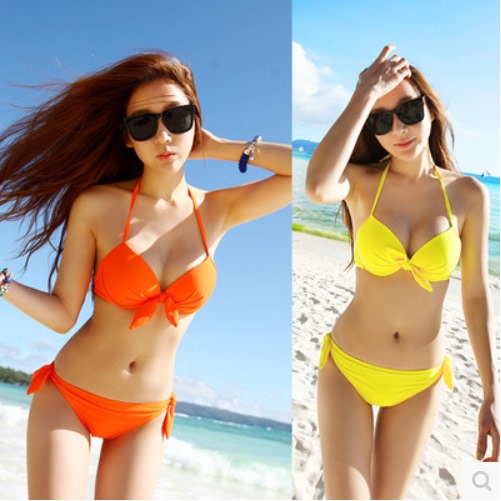 Bikini Swimsuit for Female Students, Three-Piece Swimsuit, Two-Piece Swimsuit, Black, Orange, Blue, Yellow, White, Small Bust Push-Up Type
