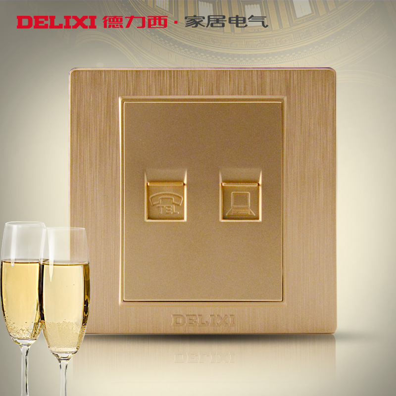 Deri West Switch Socket Champagne Gold Wire Drawing Panel Wall Switch Internet Socket Telephone Computer Socket
