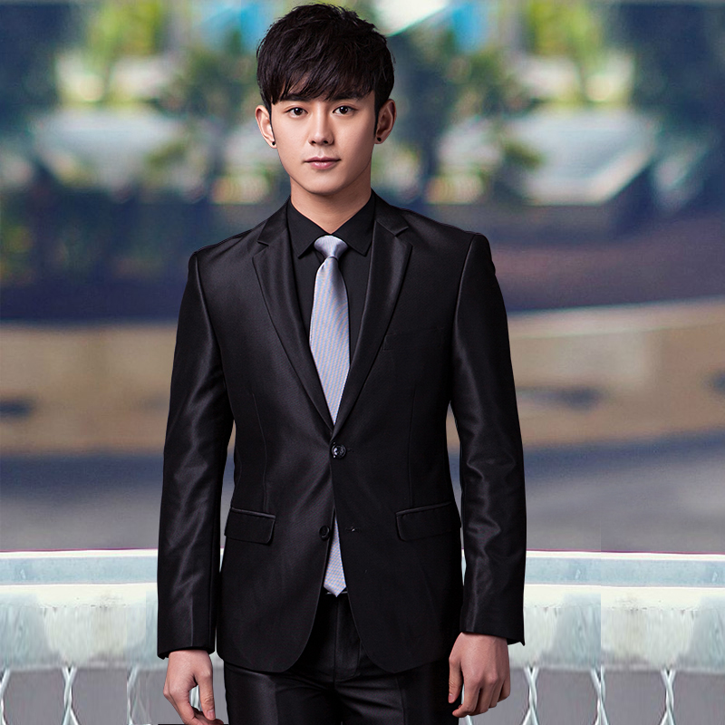 Suit suit men Korean version slim casual small suit bright black business professional formal dress groom wedding dress