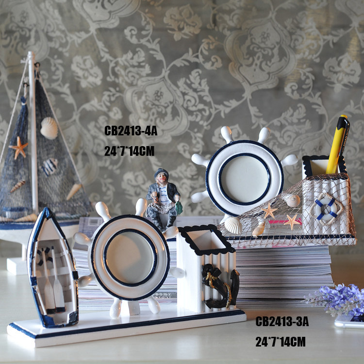 Mediterranean home decoration desk decoration helmsman pen holder with photo frame creative small desk clock decoration