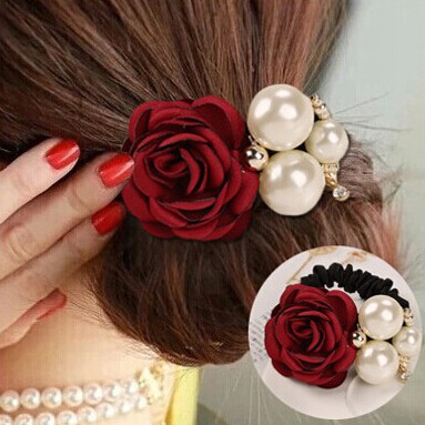 Han Edition Fashion Great Pearl Rose Flowers Hair Ring Boutique Mountain Tea Flower Hair Ring Inlaid Drill Elastic Leather Fascia Flowers