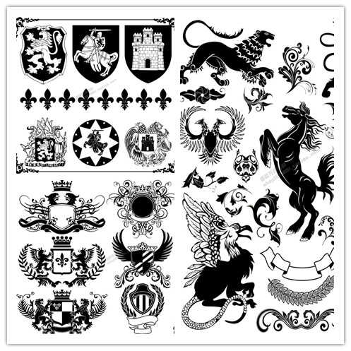 A0474矢量復古歐式紋章剪影騎士城堡獅子馬盾牌ai設計素材