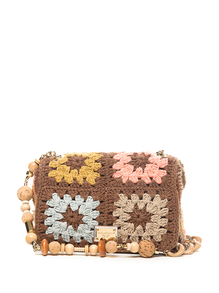 Dolce&Gabbana 咖色系民族风编织花翻盖珠链小包