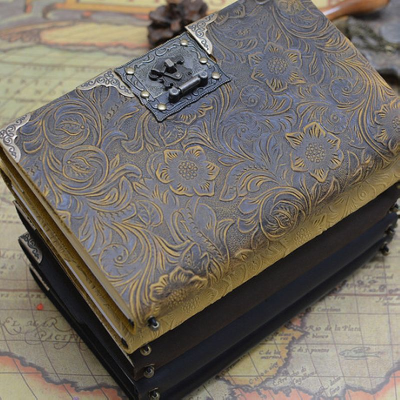 With lock notepad Creative retro embossed genuine leather notebook loose-leaf travel text with lock password book