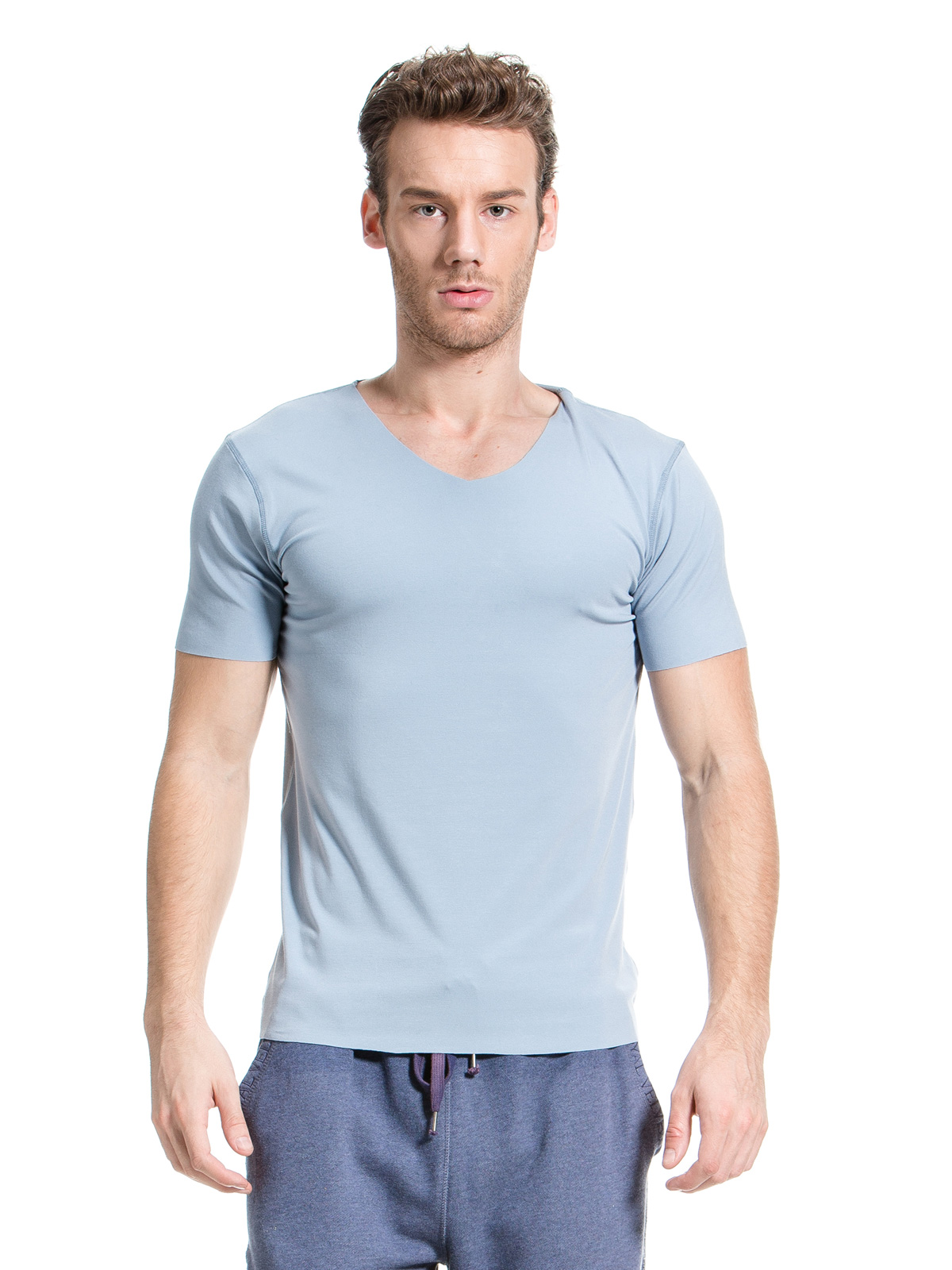 ROYAL VELVET|蓝灰色莫代尔V领男士短袖