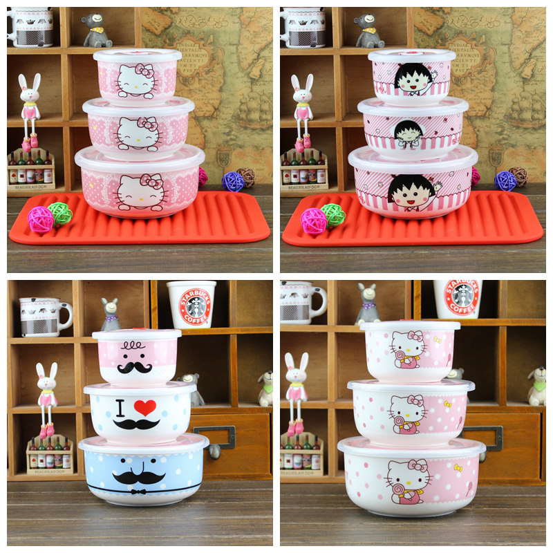 Suitable for microwave oven Ceramic tableware Vacuum-sealed fresh-keeping bowl three-piece set with lid instant noodle bowl lunch box lunch box