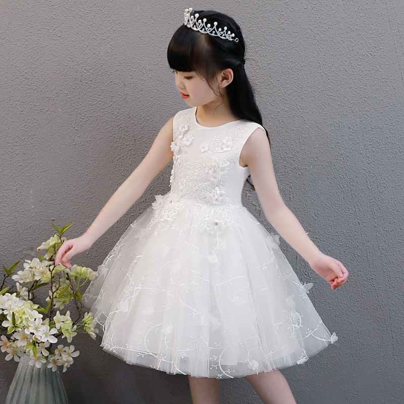 Cô gái cưới trẻ em buổi tối sinh nhật váy công chúa trẻ em váy hoa đàn piano dẫn chương trình nhỏ hiệu suất chiếc váy trắng mùa hè.
