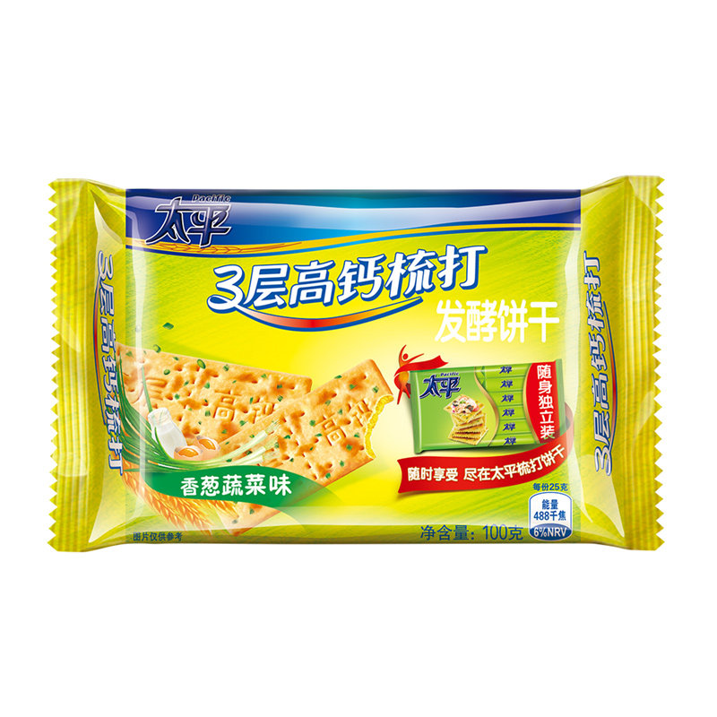 【天猫超市】亿滋 太平3层高钙梳打饼干香葱蔬菜味100g 小零食