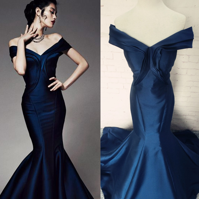 One-Shoulder Mermaid Royal Blue Slim-Fit Evening Dress for Hosting Car Shows, Annual Meetings, Satin Bridal Toast Dress with Long Train