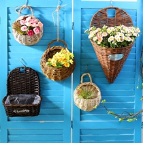 (Qing Mu) American home ornaments wintered Wicker rattan straw wall-mounted flower basket flowerpot simulation hanging basket