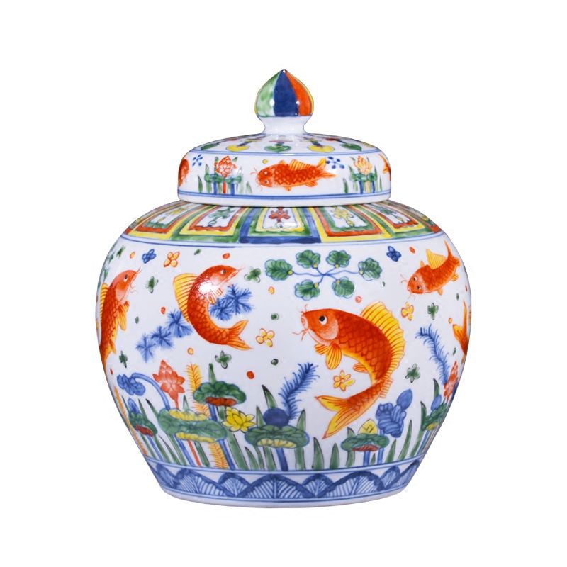 Archaize Ming jiajing jingdezhen ceramics collection of colorful fish and algae grain tea canister to sitting room adornment furnishing articles