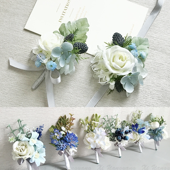 Blue and white rose Corsage Wrist flower Sen Bridesmaid Bride wedding photography Lapel flower Clothing coat gift box DIY accessories