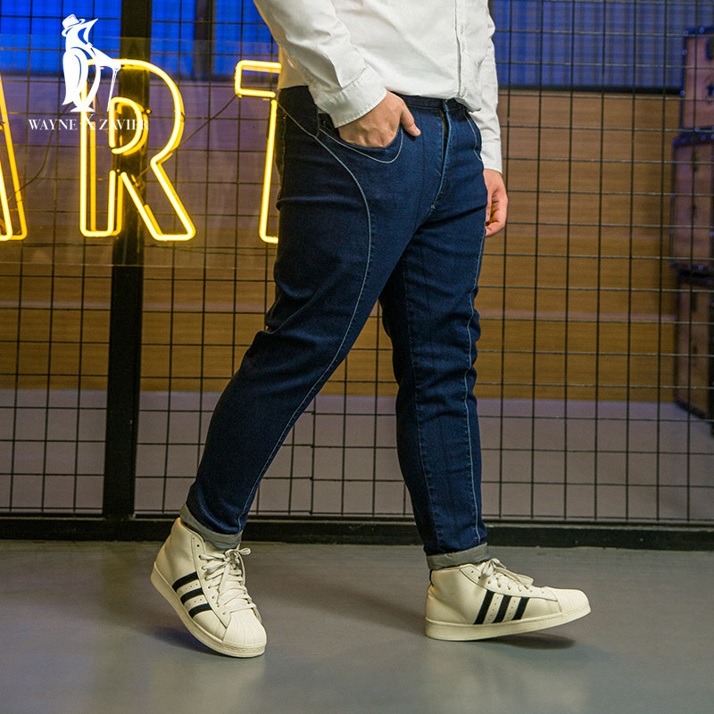 胖人秋季新品加肥加大码男装潮牌胖子宽松弹力反光牛仔九分裤长裤