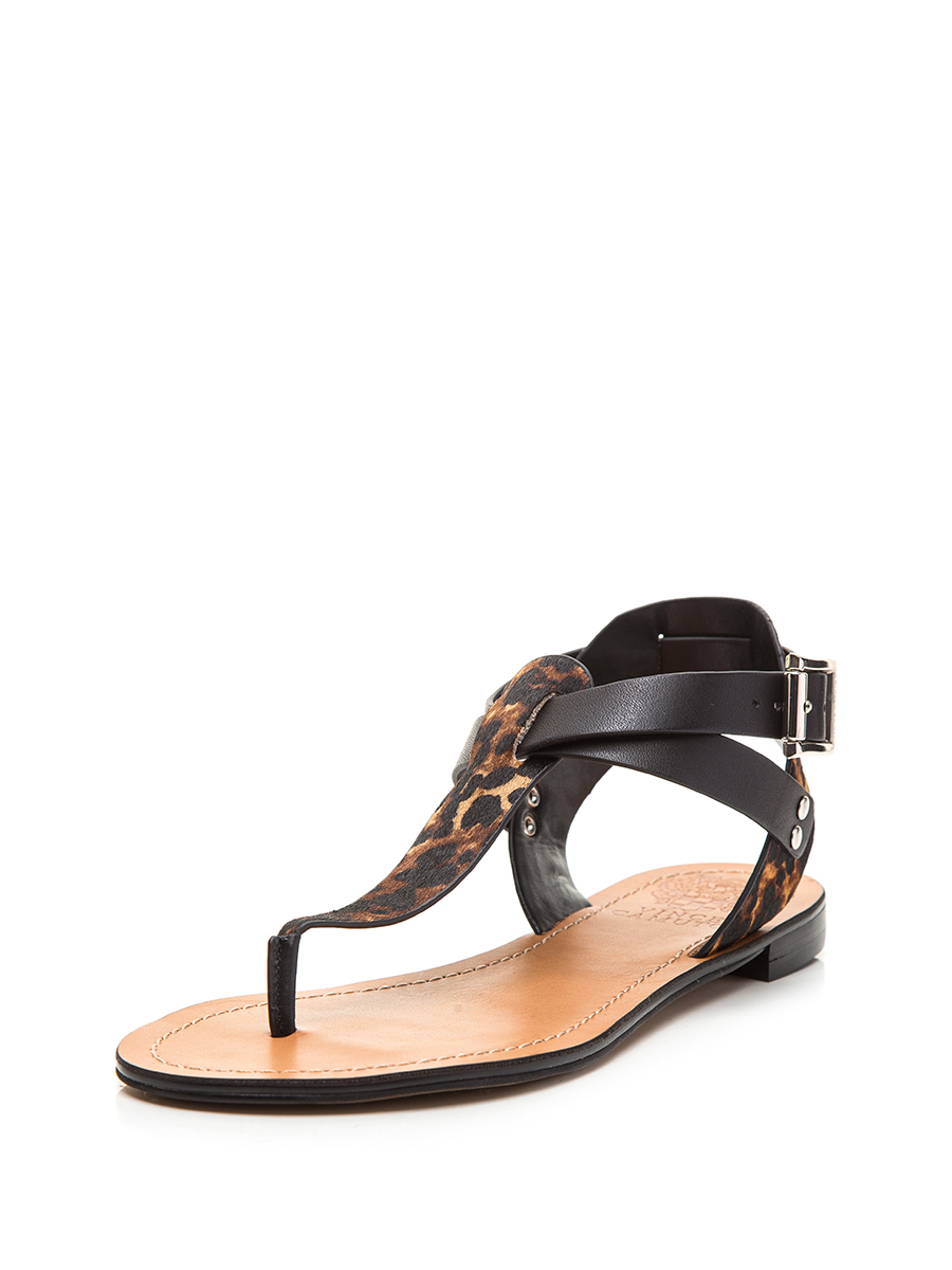 VINCE CAMUTO 浅咖啡铆钉装饰动物纹夹脚凉鞋