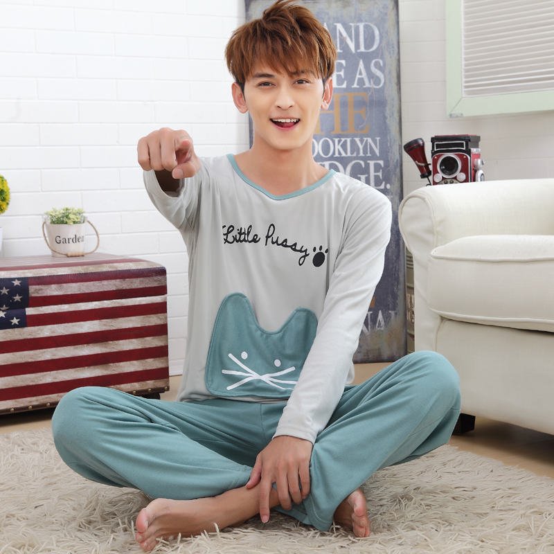 Autumn men's pajamas long-sleeved pure cotton plus size autumn cartoon casual home service youth regular suit