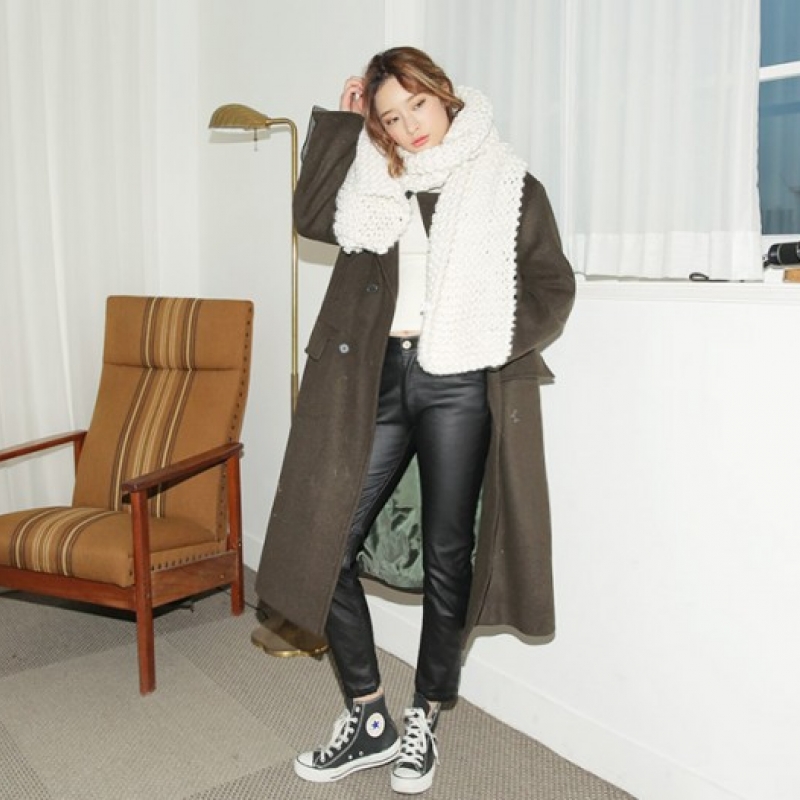 韩国stylenanda官方正品 简约款百搭纯色双排扣翻领大衣-卡其色