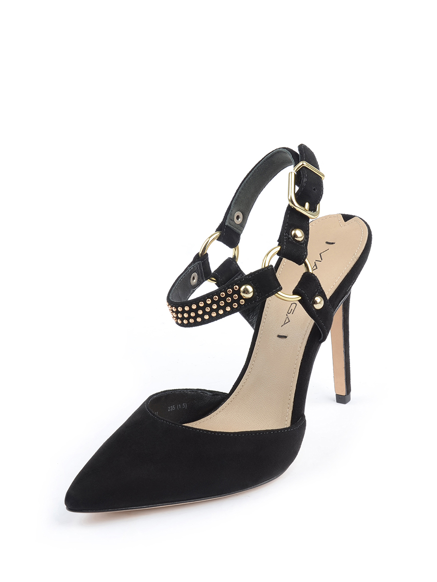Via Spiga|黑色铆钉金属针扣搭带尖头高跟鞋