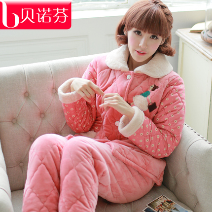 2015新款珊瑚绒睡衣女冬加厚三层夹棉冬季加绒加棉甜美家居服套装
