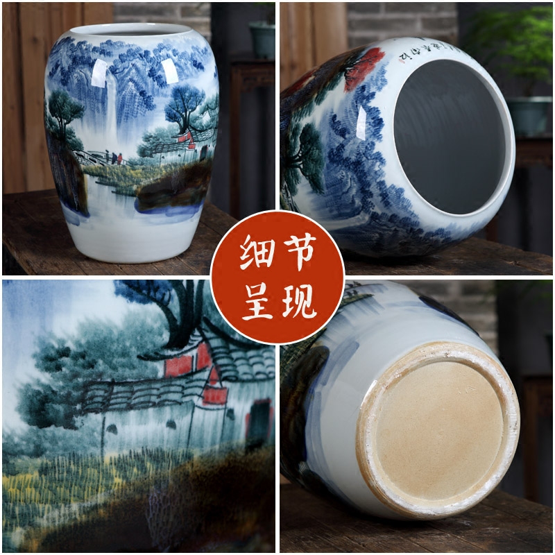 Jingdezhen ceramics vase furnishing articles by hand - made up with landscape picture tube of new Chinese style porch decoration