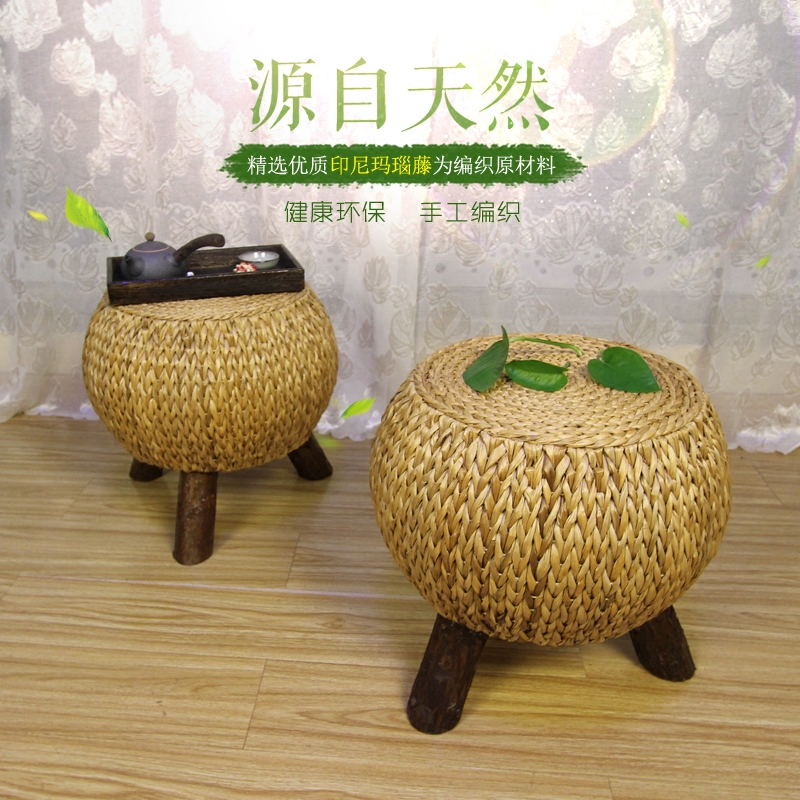 Rattan straw short stool creative solid wood sofa stool living room shoe stool home round stool modern log stool