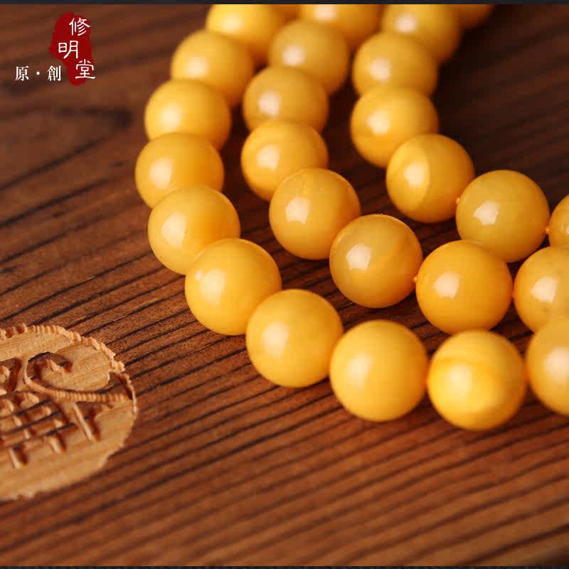 修明堂 开光配证书天然波兰波罗的海鸡油黄蜜蜡 满蜜108颗佛珠