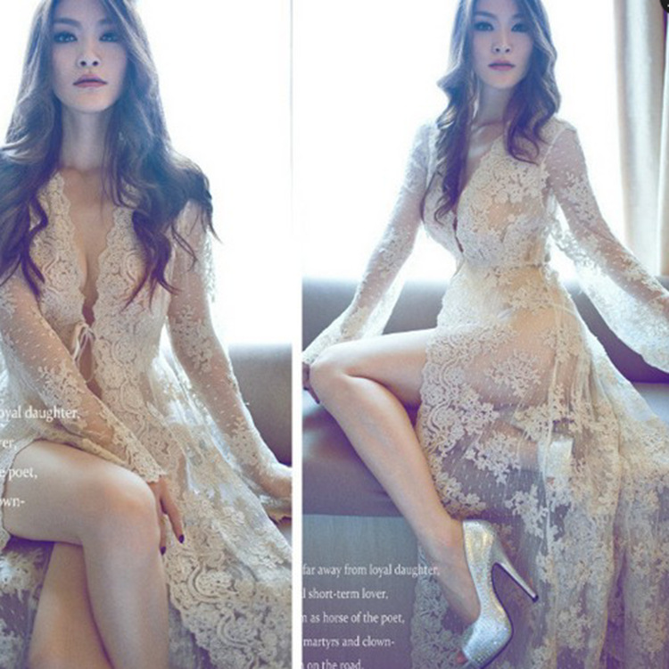 European and American lace sheer mesh embroidery super long skirt seaside vacation sunscreen beach skirt Japan Korea bikini blouse woman