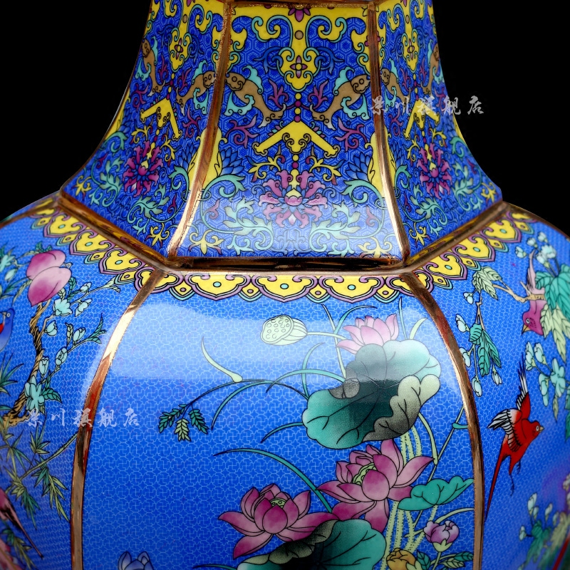 Jingdezhen pastel colored enamel porcelain painting of flowers and gold blue vase household flower arranging archaize sitting room mesa furnishing articles