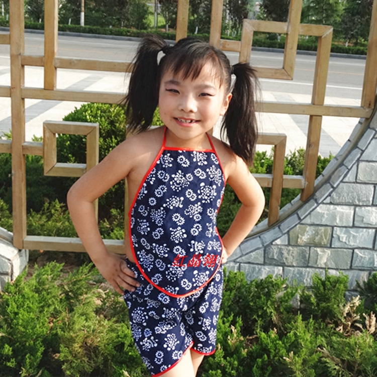 National Wind Red Crystal Classical Pure Cotton Blue Printed Cloth Children Belted Shorts Suit 61 Children acting out of service