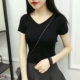 Mùa hè mới phiên bản Hàn Quốc của áo len ngắn tay màu tối, áo len ngắn tay cổ chữ V lưng ngắn là áo sơ mi mỏng áo khoác cardigan nữ cao cấp Áo len cổ chữ V