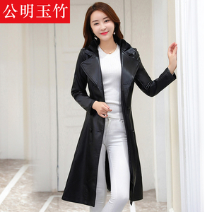 Phần dài áo khoác da nữ 2018 mùa xuân và mùa thu mới đoạn dài trên đầu gối mỏng mỏng áo khoác da pu da áo gió