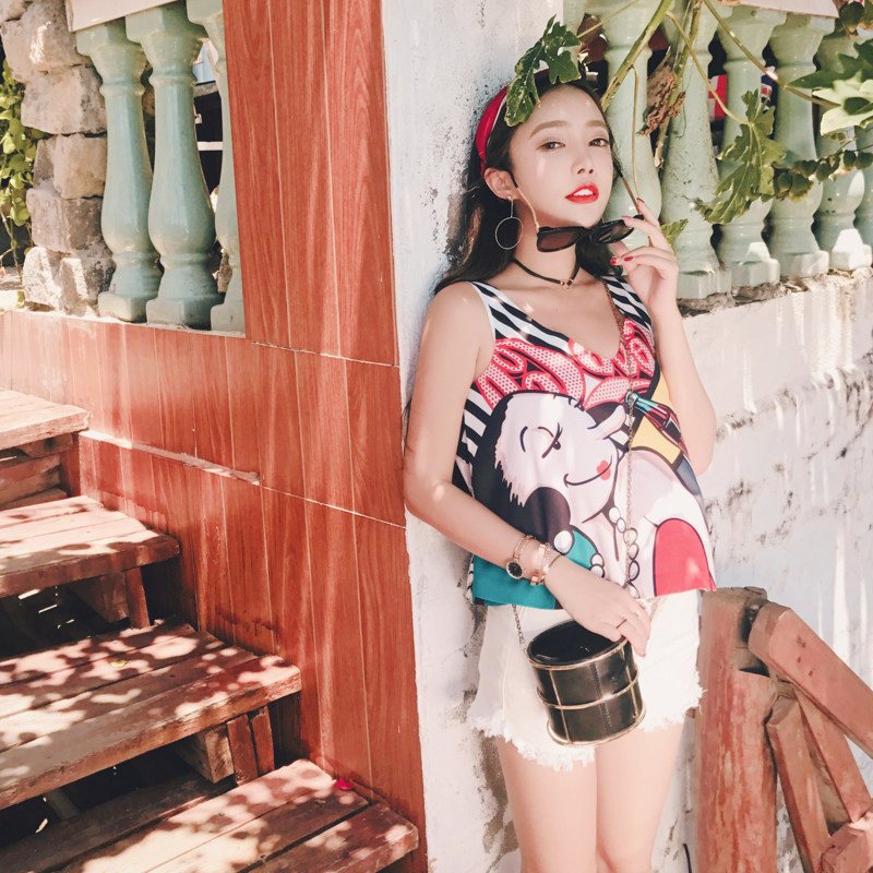 【天天特价】无袖宽松雪纺吊带背心女印花短款T恤海边度假打底衫