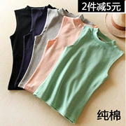 Mùa xuân 2016 mới chải cotton cổ tròn chạm đáy áo sling ấm cổ cao không tay vest ngắn nữ