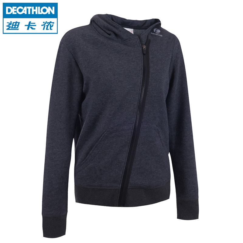 迪卡侬 运动外套女秋 长袖开衫修身连帽大码纯色运动卫衣 Artengo