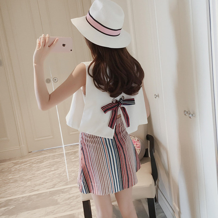 Hong Kong women's summer temperament back bow short skirt two-piece small fresh chiffon skirt suit fashion