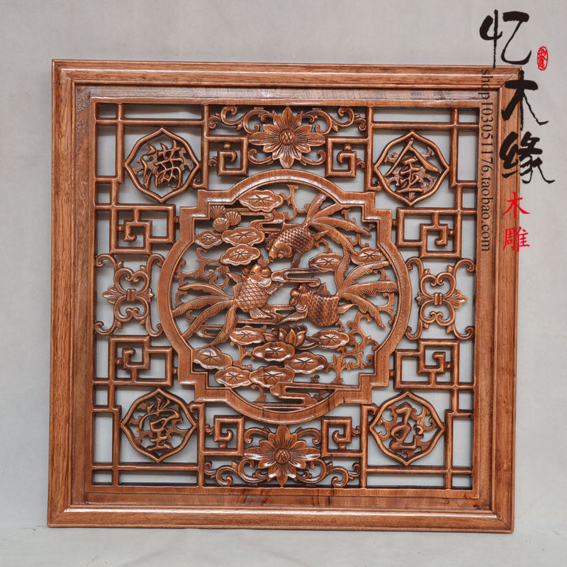 Dongyang woodcarving camphor wood solid wood Chinese hanging screen golden jade full hall square pendant porch background wall hanging