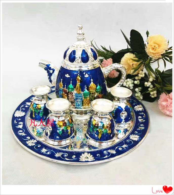 Russian enamel tin tea set European Castle Home Metal set Tea set Teapot Tea bowl tray