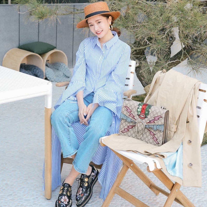 韩国stylenanda官方正品 系带风铃袖条纹长款连衣裙