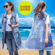 Mùa xuân Hàn Quốc phiên bản của chất béo cộng với kích thước 200 pounds mỡ mm dài sequined denim áo giáp có thể gánh vác áo vest nữ